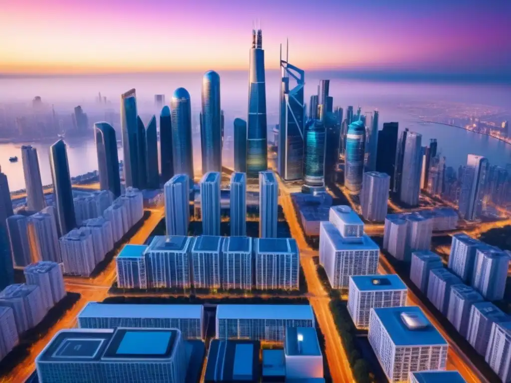 Vista futurista: rascacielos innovadores y tecnología de vanguardia Ilustración futurista de ciudad con rascacielos modernos y tecnología PropTech