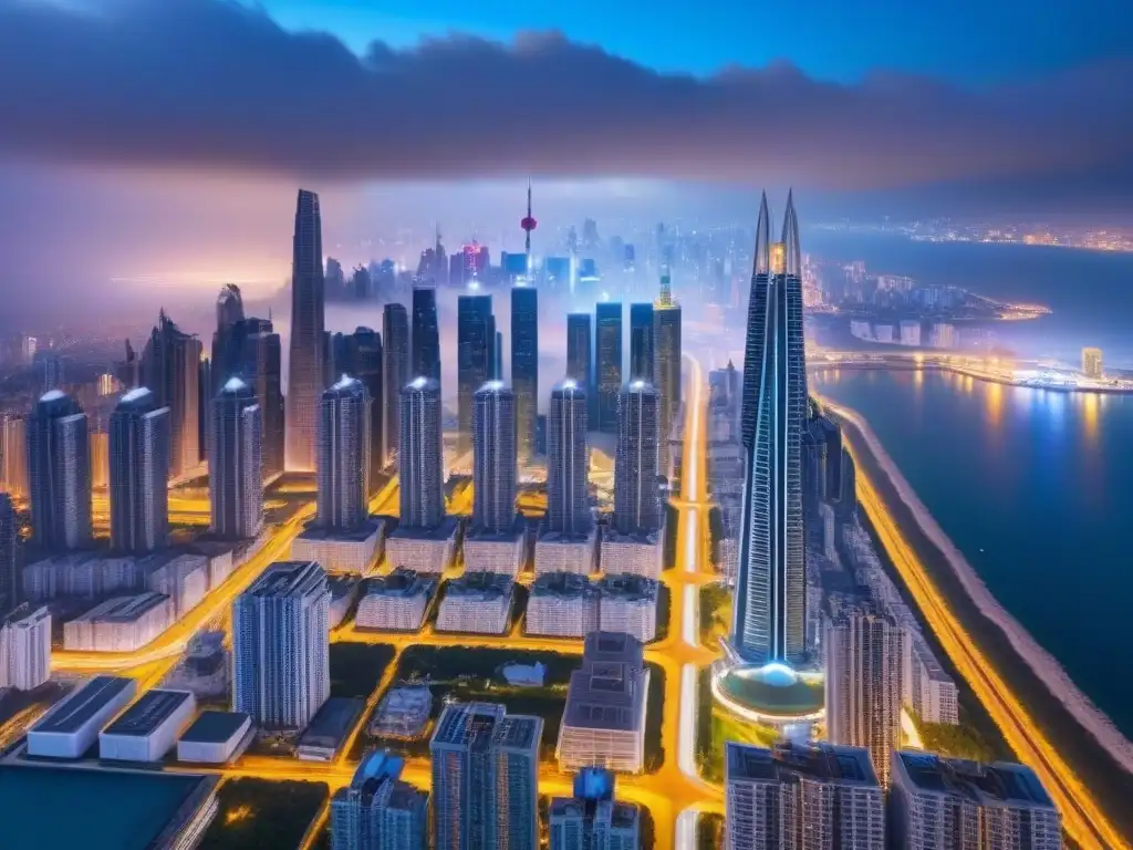 Espectacular metrópolis futurista de lujo en altura Visión futurista de una ciudad con rascacielos modernos y propiedades exclusivas, iluminada y vibrante