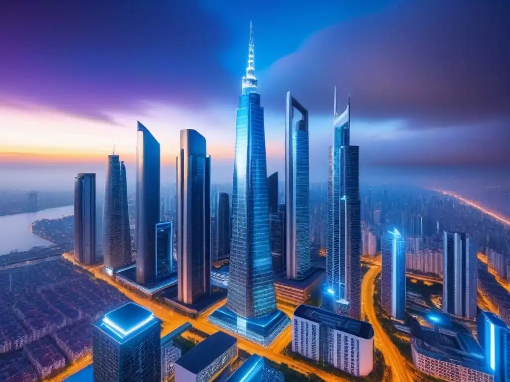 Horizonte futurista: inversión inmobiliaria innovadora en mercados emergentes Visión futurista de una ciudad con rascacielos modernos iluminados, ideal para Mercados inmobiliarios emergentes estrategia inversión