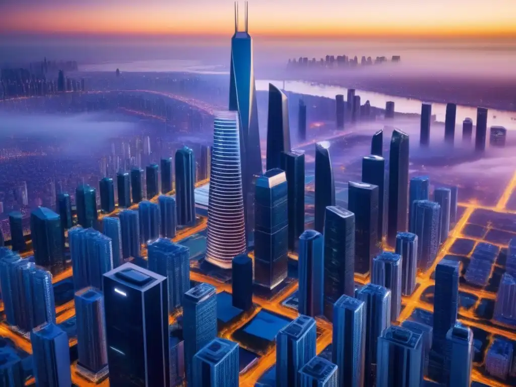 Metrópolis futurista: arquitectura vanguardista en 8k Futurista ciudad con rascacielos modernos conectados por red digital, muestra integración de Tecnología BIM en mercado inmobiliario