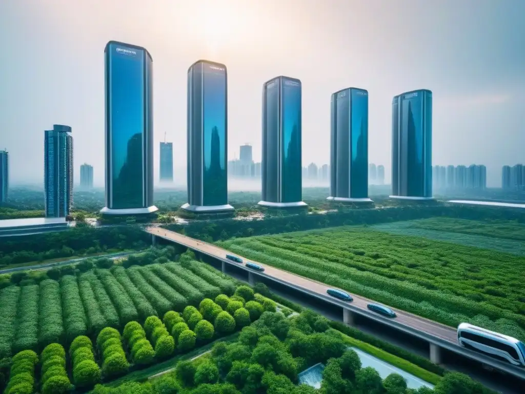 Metrópolis futurista: fusión tecnológica y naturaleza Futurista ciudad con rascacielos y naturaleza, reflejando la automatización en M&A inmobiliario