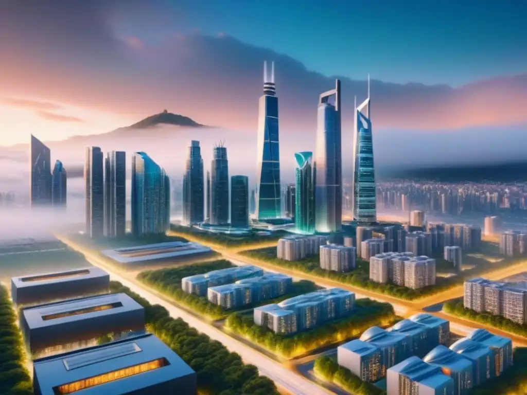 Cityscape futurista 8k: fusión de naturaleza y tecnología Futurista ciudad con rascacielos y naturaleza, simbolizando sinergias postfusión mercado inmobiliario internacional