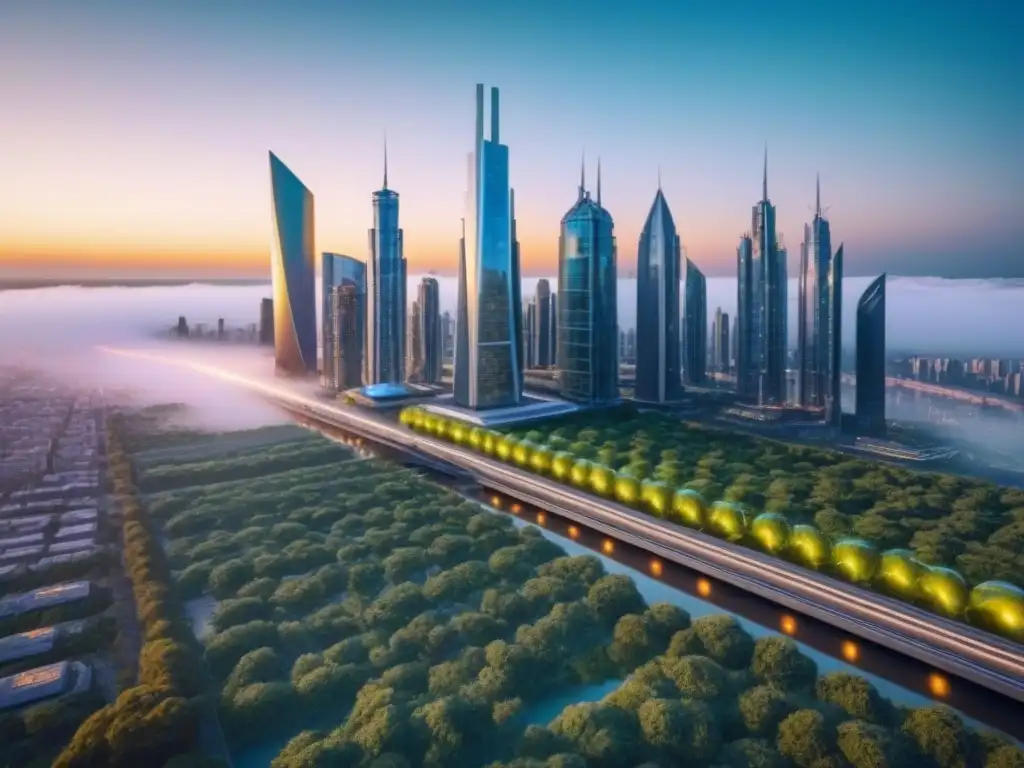 Cityscape futurista: impresionante mezcla de naturaleza y tecnología Futurista ciudad con rascacielos, naturaleza y hologramas