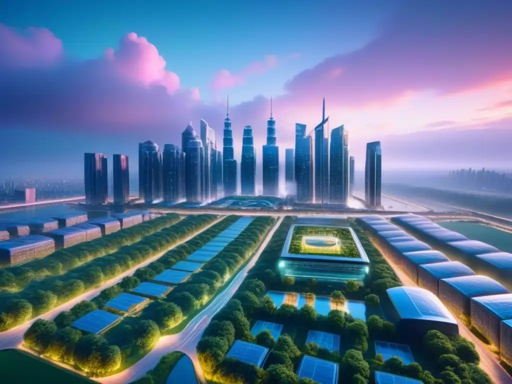 Cityscape futurista: innovación y naturaleza en 8k Futurista ciudad con rascacielos, naturaleza y tecnología avanzada, reflejando un equilibrio entre desarrollo urbano y naturaleza