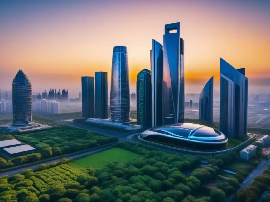 Metrópolis futurista: innovación y naturaleza en perfecta armonía Futurista ciudad con rascacielos y naturaleza, reflejando la integración de Machine Learning en mercado inmobiliario