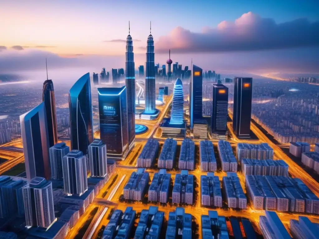 Metrópolis futurista: mercado inmobiliario automatizado Futurista ciudad con rascacielos, pantallas digitales y drones autónomos en calles bulliciosas