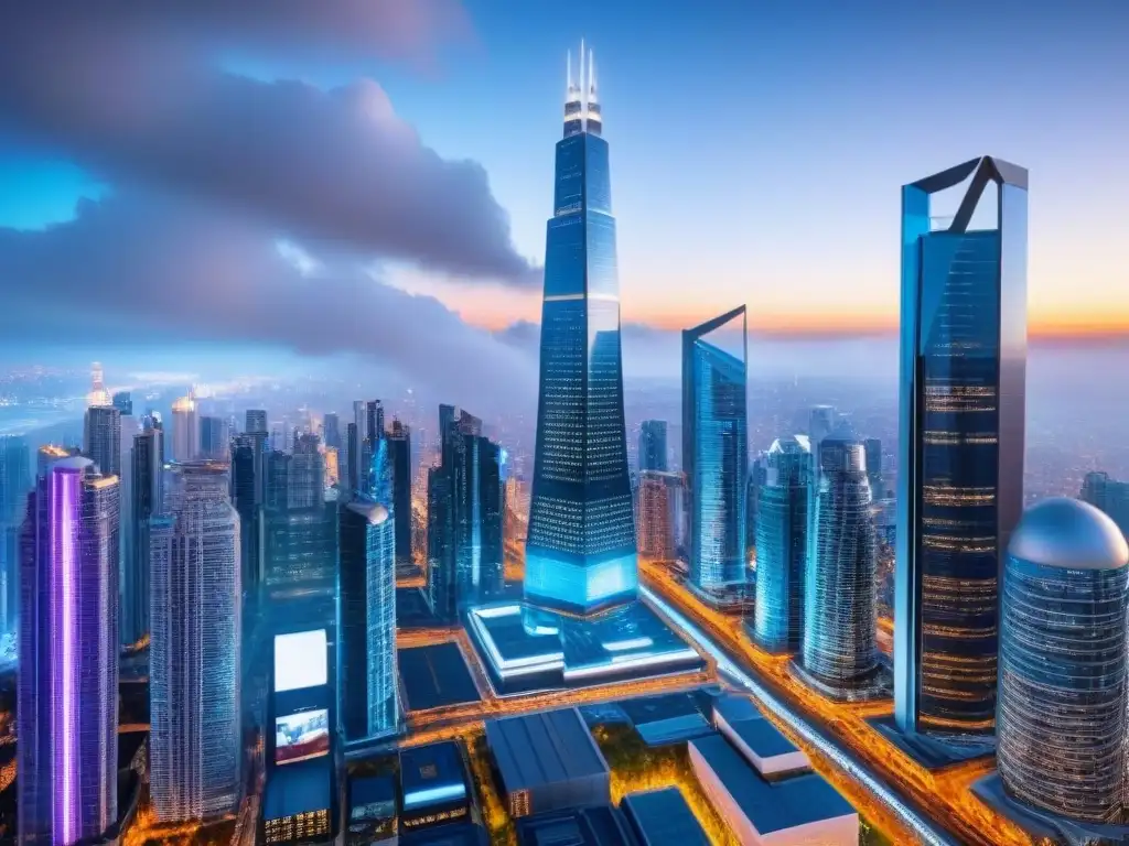Innovación inmobiliaria: ciudad futurista con criptomonedas Futurista ciudad con rascacielos y pantallas digitales, donde se invierte en bienes raíces con criptomonedas