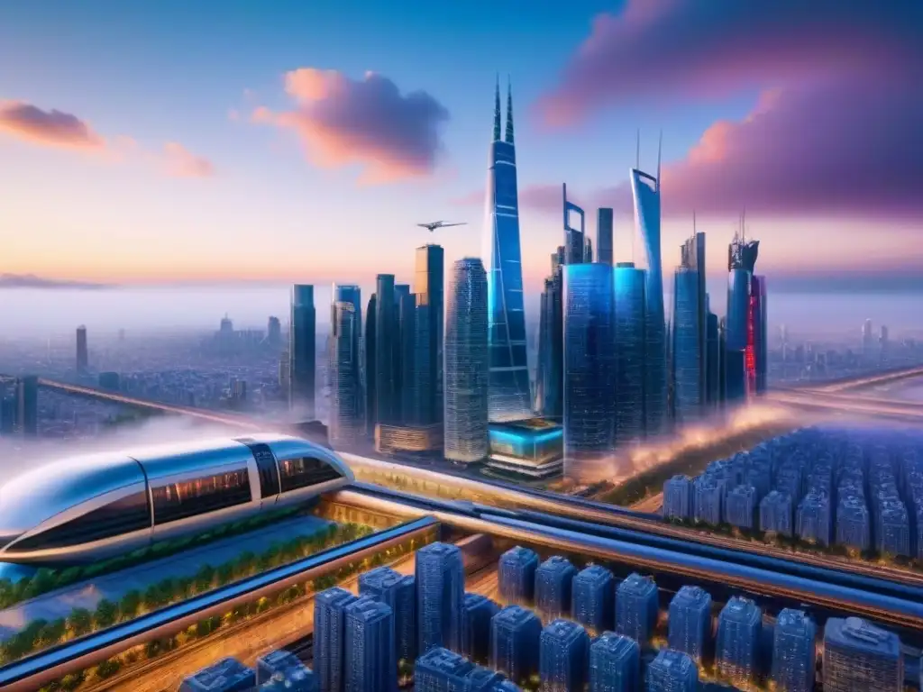 Metrópolis futurista: inversión inmobiliaria global en la era digital Futurista ciudad con rascacielos, pantallas digitales y trenes de alta velocidad, simbolizando tecnologías para inversión inmobiliaria internacional