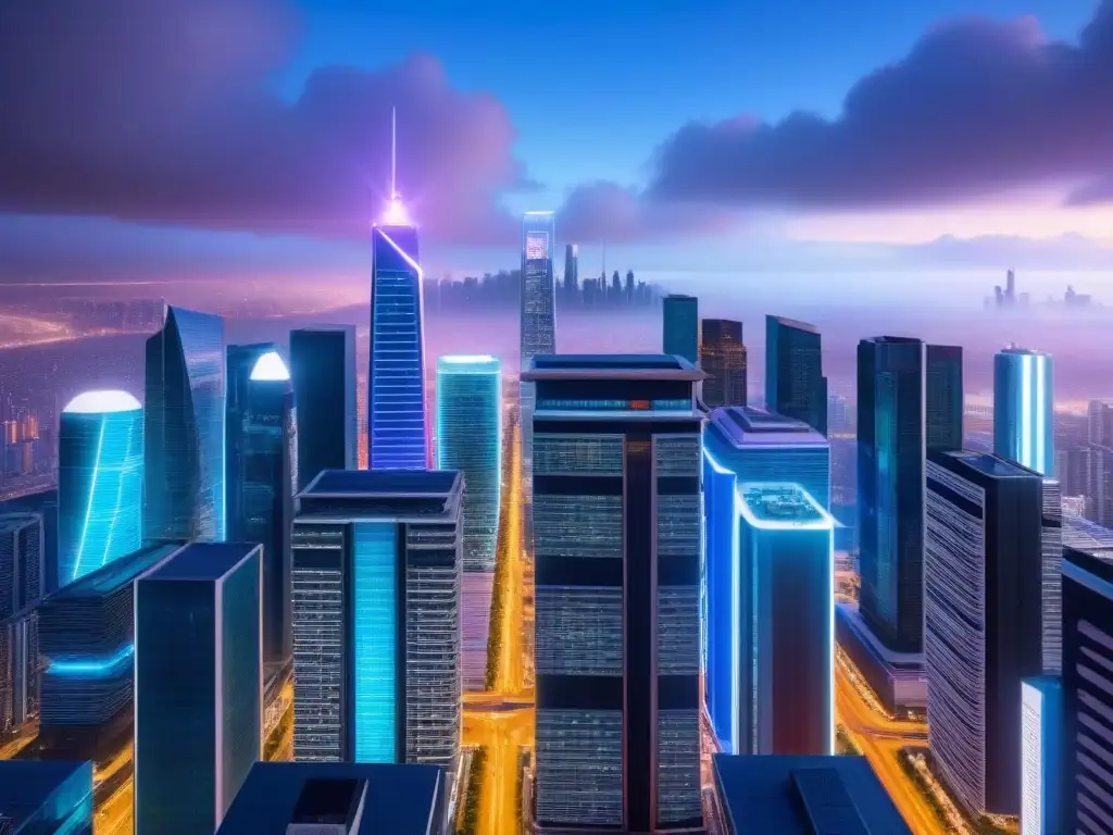 Futurismo inmobiliario: Ciudad global en 8k Futurista ciudad con rascacielos y pantallas digitales, reflejando influencias internacionales mercado inmobiliario