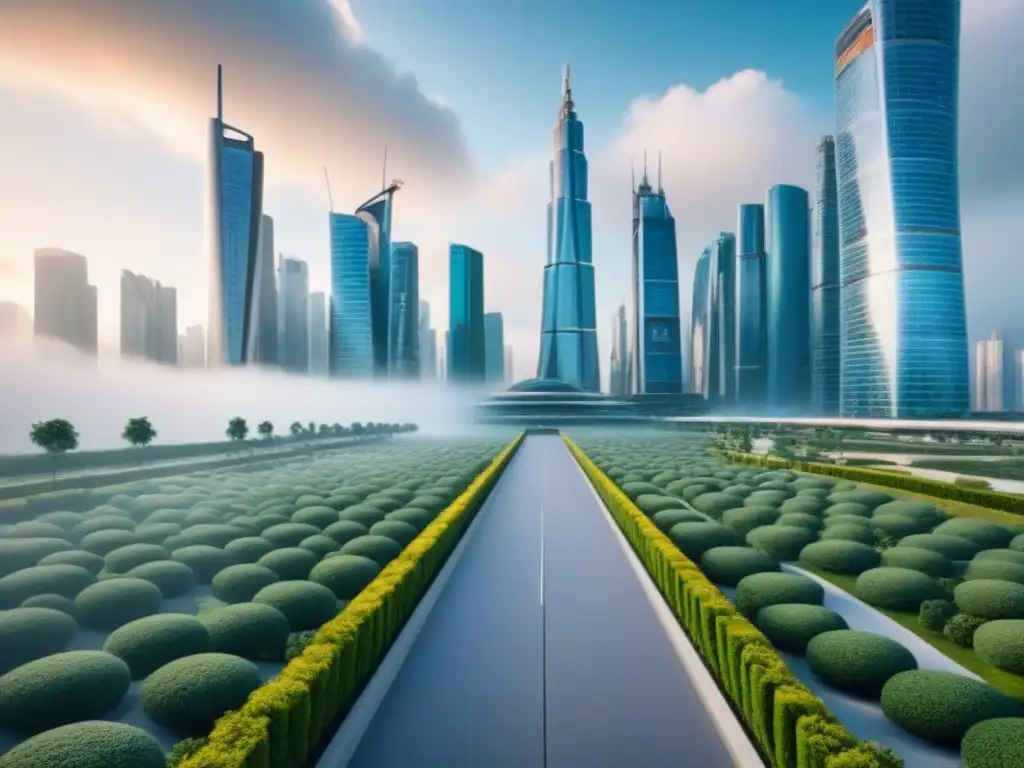Futurista ciudad 8k: arquitectura moderna y sostenible Futurista ciudad con rascacielos, pasarelas y vegetación integrada