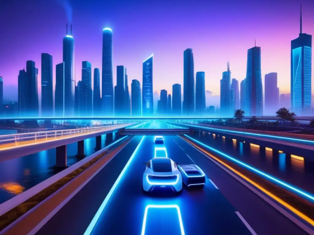 Ciudad futurista cibersegura: ilustración digital detallada Futurista ciudad con rascacielos, puentes de neón y medidas de ciberseguridad en atardecer