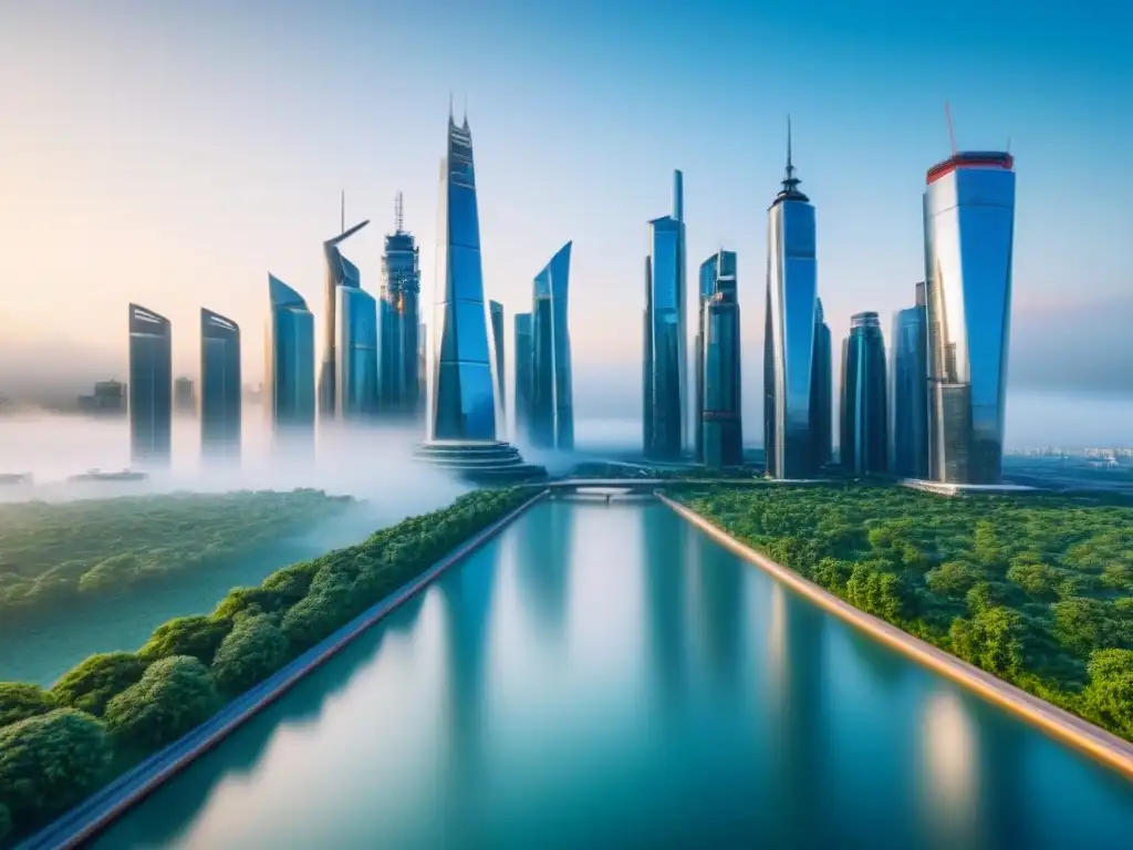 Metrópolis futurista: innovación global en bienes raíces post-Brexit Futurista ciudad con rascacielos y redes de transporte avanzadas, rodeada de naturaleza y agua