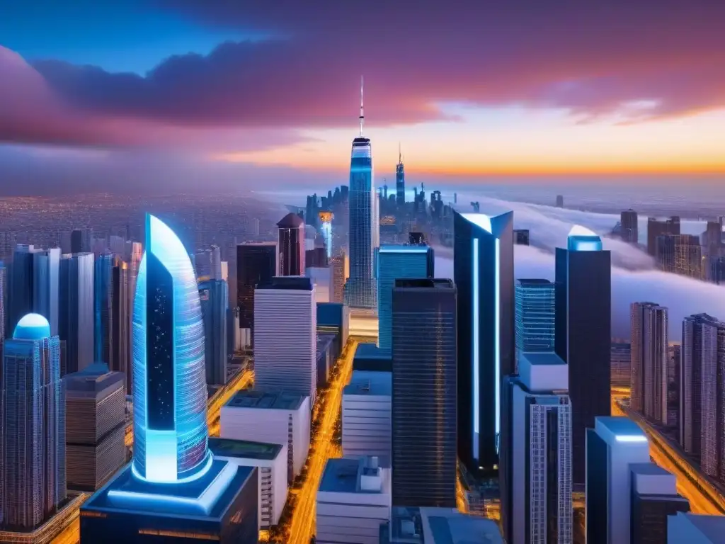 Metropolis futurista: AI en la publicidad inmobiliaria Futurista ciudad con rascacielos reflectantes y pantallas digitales, integrando la inteligencia artificial en branding inmobiliario