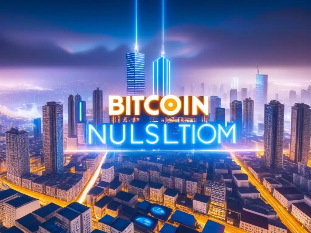 Metrópolis del Futuro: Edificios Cripto en Ciudad Tecnológica Visión futurista de la ciudad: rascacielos con símbolos de Bitcoin y Ethereum, conexiones digitales