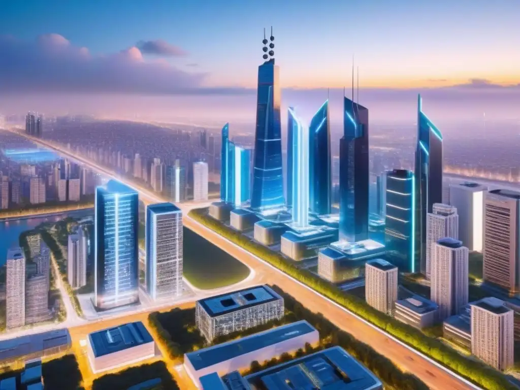 Metrópolis futurista: rascacielos verdes y tecnología avanzada Futurista ciudad con rascacielos, tecnología avanzada y drones autónomos