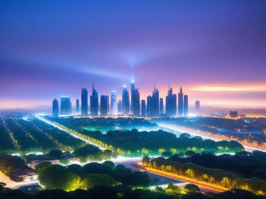 Futurista ciudad inteligente: real estate y tecnología de vanguardia Futurista ciudad con rascacielos y tecnología en bienes raíces internacionales