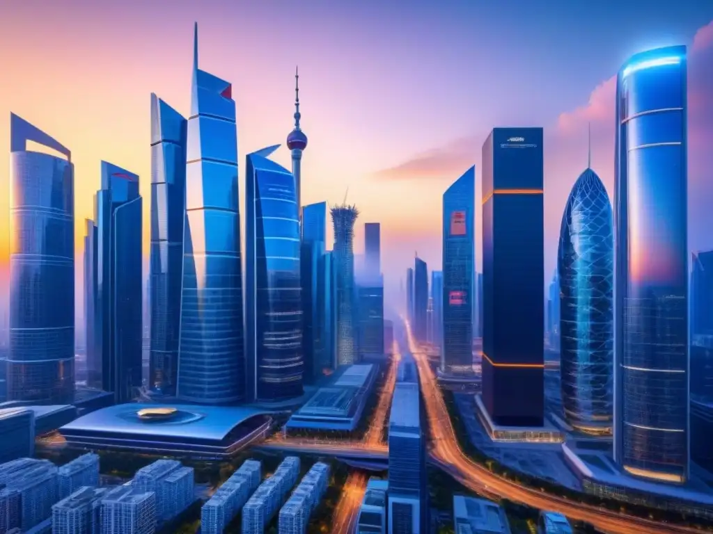 Metrópolis futurista: Real Estate en alta tecnología Futurista ciudad con rascacielos y tecnología avanzada, reflejando el sol