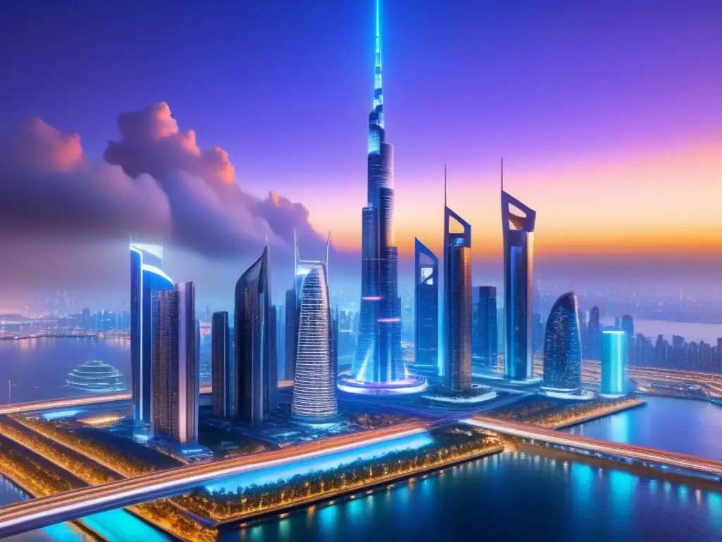 Metrópolis futurista: inversión inmobiliaria global en crowdfunding Futurista ciudad con rascacielos, tecnología avanzada e inversiones globales en crowdfunding inmobiliario
