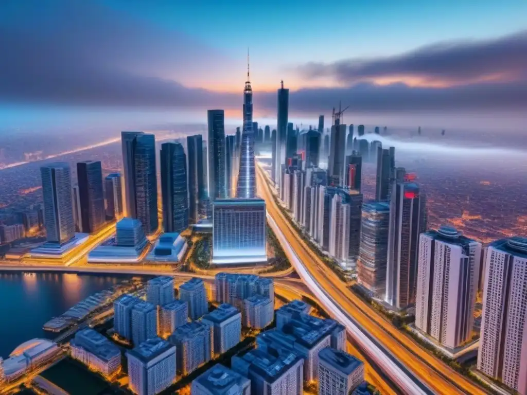 Metrópolis futurista con PropTech avanzada Futurista ciudad con rascacielos y tecnología PropTech integrada