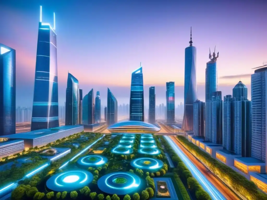 Futurismo urbano: ciudad sostenible y tecnológica en 8k Futurista ciudad con rascacielos, tecnología avanzada y diseño sostenible, simbolizando las Tendencias PropTech mercado inmobiliario internacional