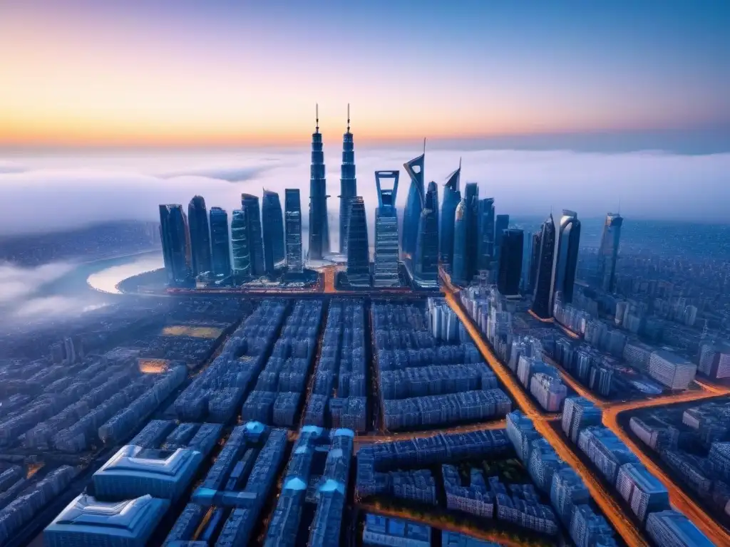 Innovadora ciudad futurista con tecnología BIM integrada Futurista ciudad con rascacielos integrando Tecnología BIM en mercado inmobiliario