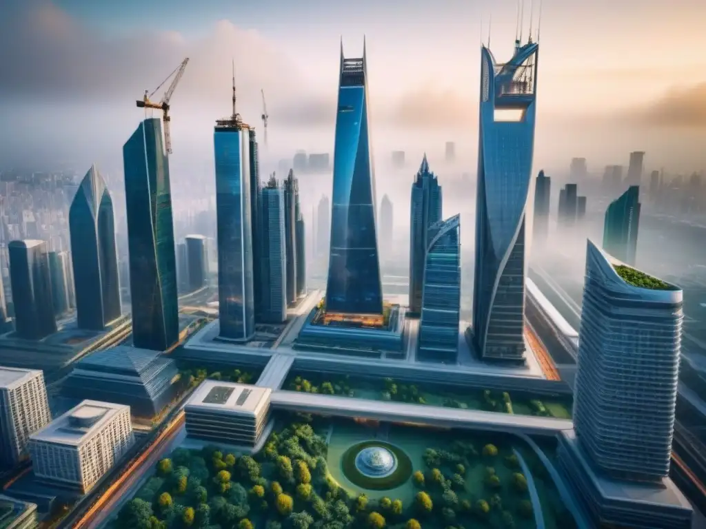 Metrópolis futurista: innovación y sostenibilidad en la arquitectura urbana Futurista ciudad con rascacielos y tecnología avanzada, reflejo de tendencias construcción inmobiliaria envejecimiento