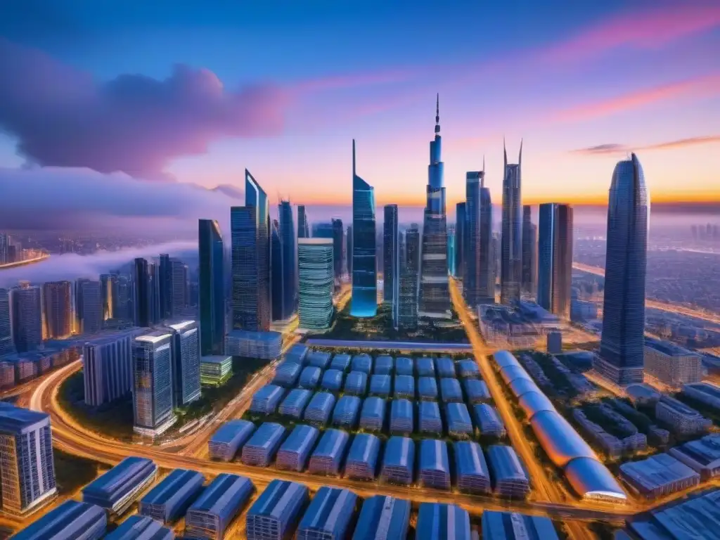 Metrópolis futurista: rascacielos tecnológicos al atardecer Futurista ciudad con rascacielos tecnológicos y espacios verdes integrados