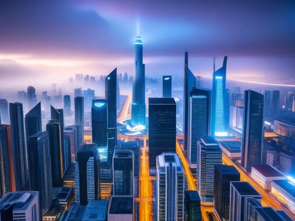 Metrópolis futurista: hightech y diseño innovador en 8k Futurista ciudad con rascacielos tecnológicos y pantallas digitales, mostrando el potencial de Plataformas PropTech para inversores globales