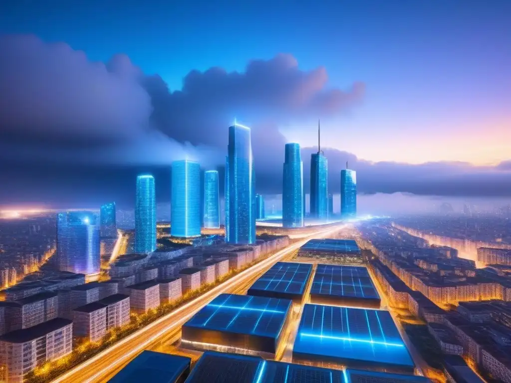 Metrópolis futurista: Blockchain revoluciona la arquitectura Futurista ciudad con rascacielos transparentes integrando blockchain en el mercado inmobiliario