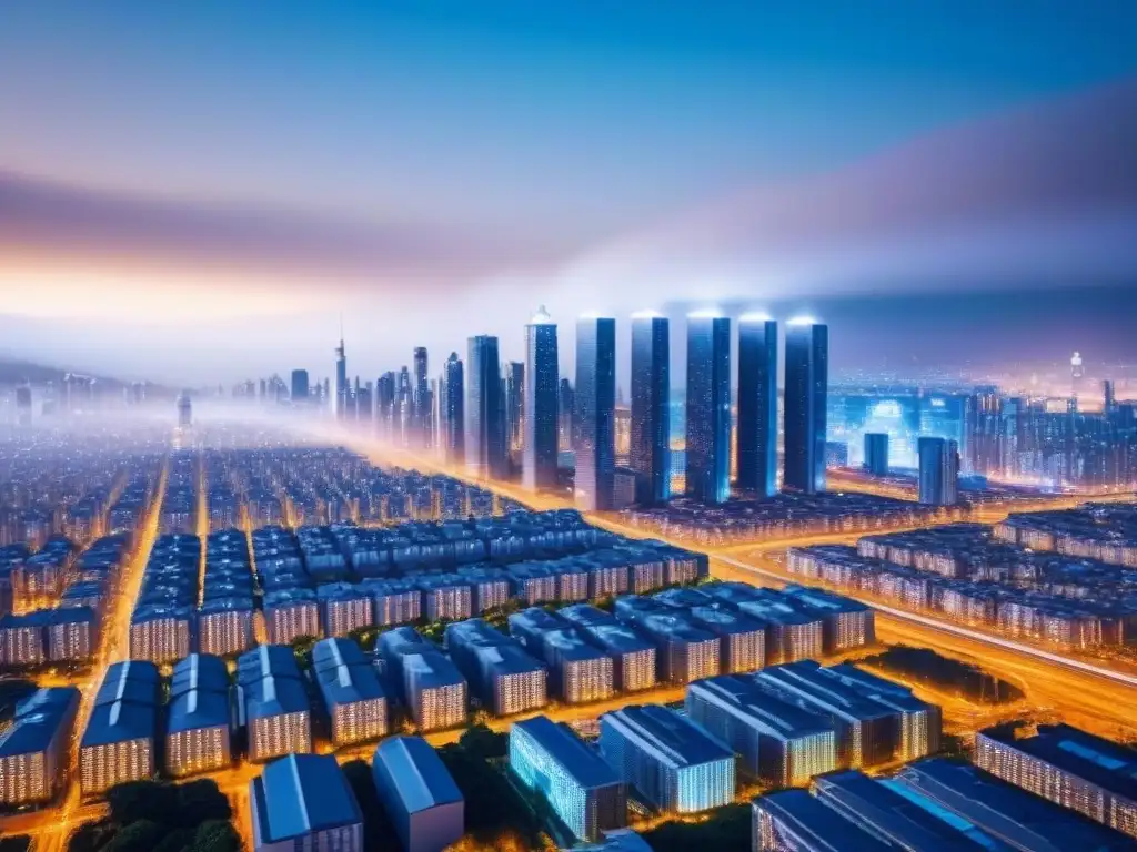 Cityscape futurista: propiedades seguras con blockchain Futurista ciudad con rascacielos transparentes interconectados por cadenas blockchain, simbolizando transacciones seguras en bienes raíces