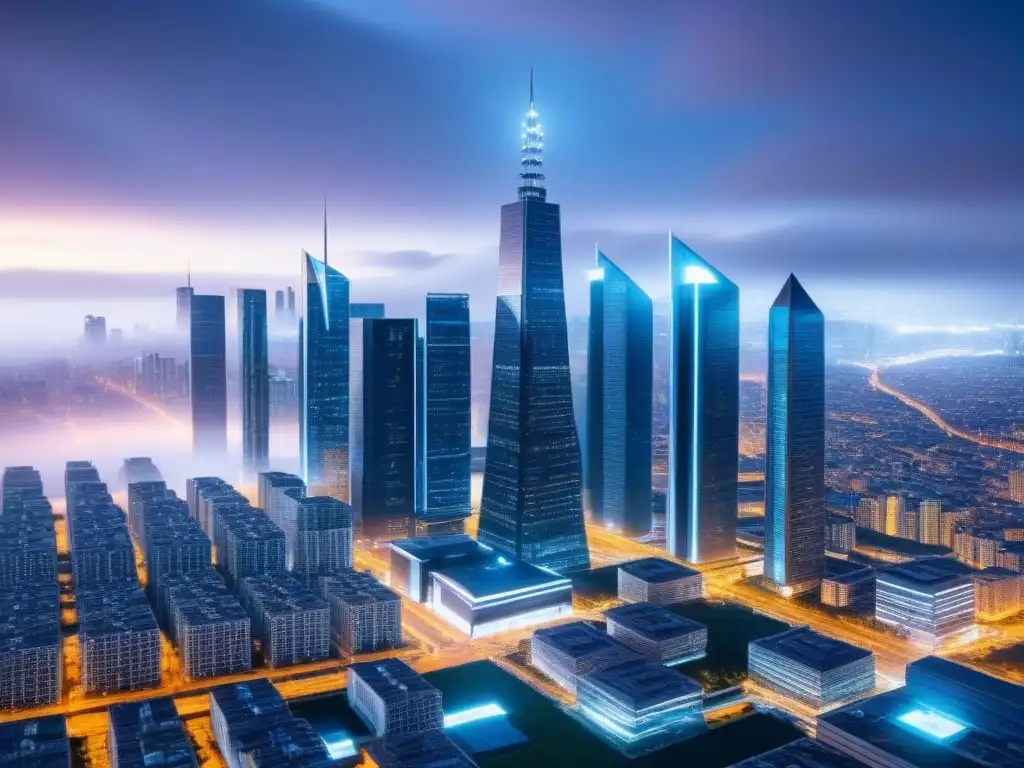 Real Estate del Futuro: Transacciones Seguras con Blockchain Futurista ciudad con rascacielos transparentes, mostrando transacciones seguras en bienes raíces a través de blockchain