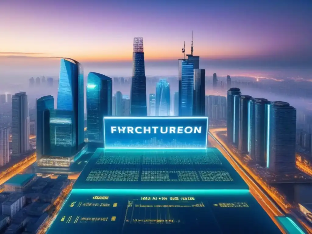 Metrópolis futurista: criptomonedas y bienes raíces 'Futurista ciudad con rascacielos y valores de criptomonedas, reflejando el impacto criptomonedas en inversiones inmobiliarias'