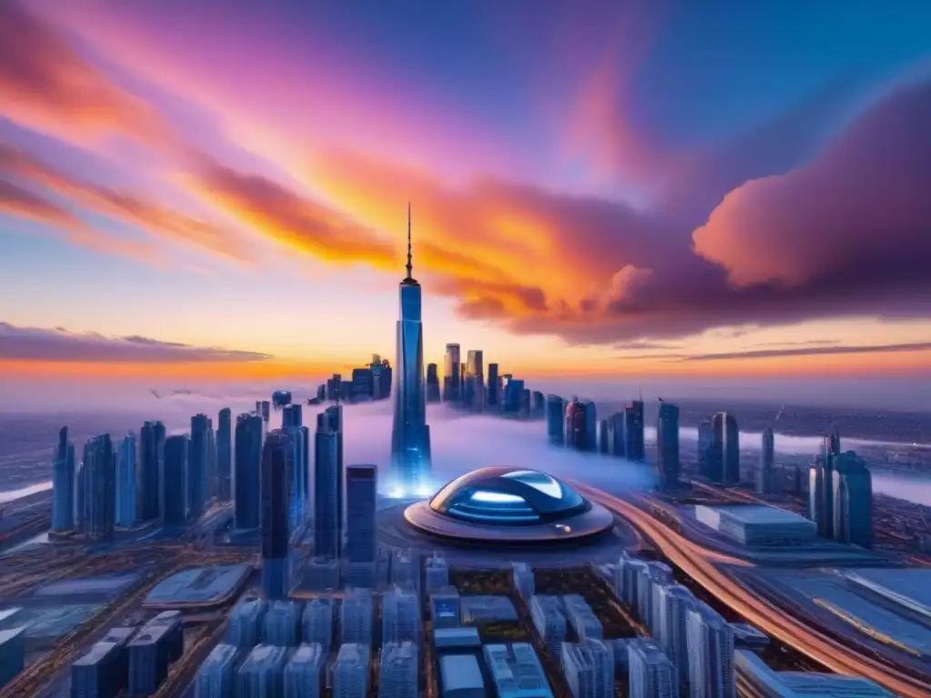 Metrópolis futurista: rascacielos, drones y atardecer épico Futurista ciudad con rascacielos y vehículos autónomos en un atardecer surrealista