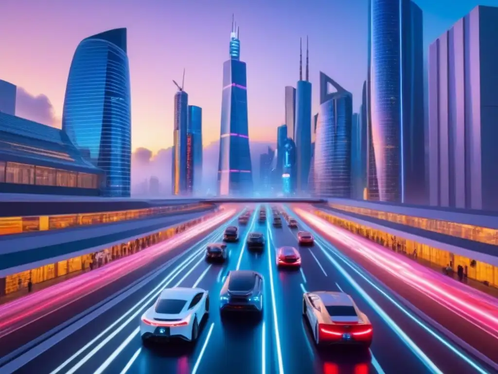 Metrópolis futurista: luces neon y drones en la ciudad del mañana Futurista ciudad con rascacielos y vehículos autónomos, destacando la importancia del seguro en inversiones