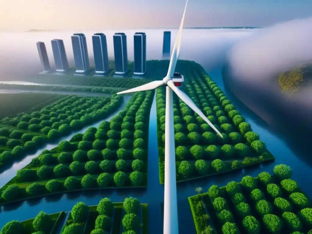 Metrópolis futurista: armonía tecnológica y naturaleza exuberante Futurista ciudad con rascacielos, verde naturaleza, paneles solares y turbinas eólicas