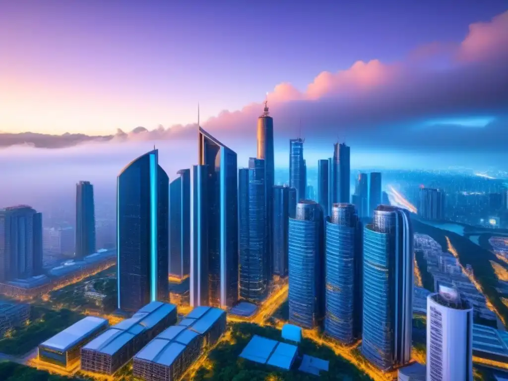 Metrópolis futurista: innovación PropTech en arquitectura urbana Futurista ciudad al anochecer con rascacielos verdes y tecnología integrada, reflejando Mercados inmobiliarios PropTech emergentes