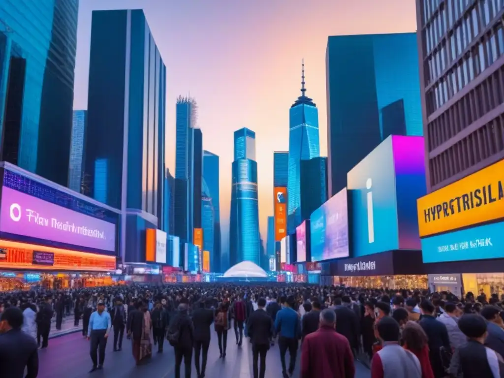 Metrópolis futurista: real estate con tecnología blockchain Futurista ciudad con rascacielos de vidrio iluminados por luces de neón, hologramas de blockchain en mercado inmobiliario internacional