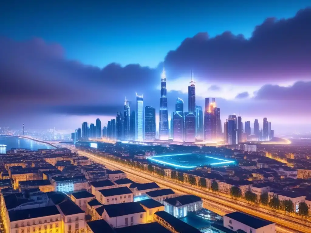 Skyline futurista con blockchain: integración inmobiliaria global Futurista ciudad con rascacielos de vidrio y tecnología blockchain en mercado inmobiliario internacional