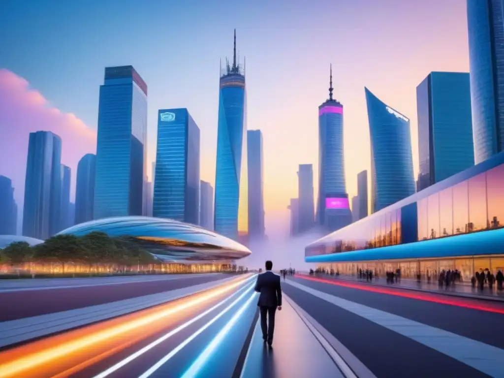 Metrópolis Futurista: Innovación y Riqueza en 8k Futurista ciudad con rascacielos de vidrio y acero reflejando el atardecer, gente y autos voladores