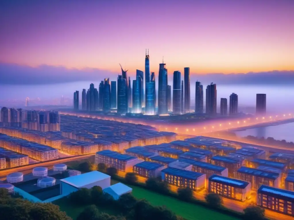 Metrópolis futurista: innovación en financiamiento residencial en 2023 Futurista ciudad residencial con financiamiento internacional 2023 en armonía de luces cálidas y frías al anochecer