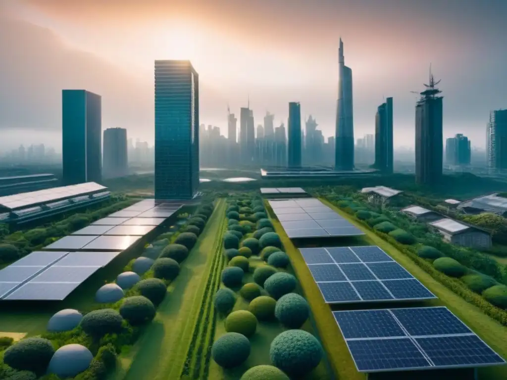 Metrópolis futurista: arquitectura innovadora y sostenible Futurista ciudad resiliente con arquitectura innovadora y verde, ciclo económico sostenible