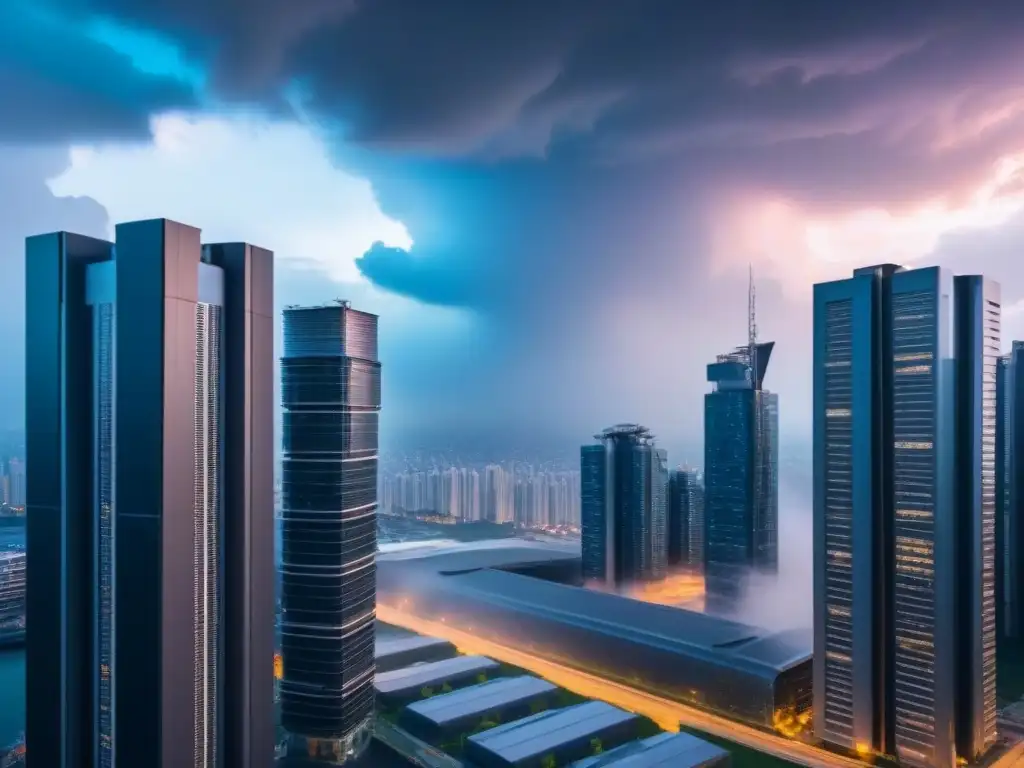 Cityscape futurista con avanzados sistemas de seguridad integrados Futurista ciudad con sistemas de seguridad avanzados para prevenir catástrofes en bienes raíces
