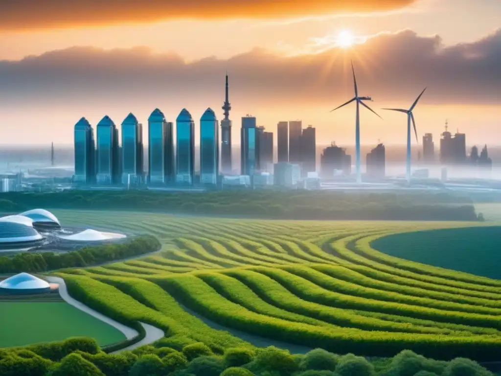 Horizonte urbano sostenible: edificios verdes y energía renovable Futurista ciudad sostenible al atardecer, destacando edificios verdes con energías renovables