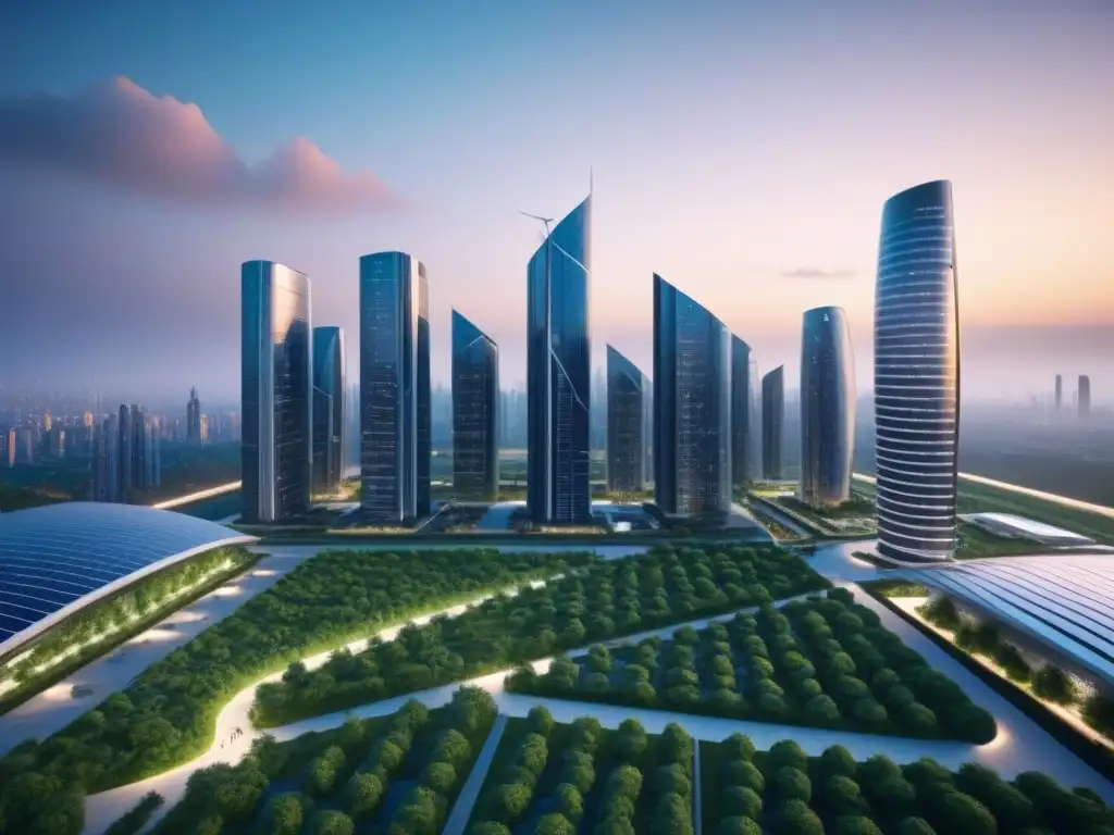 Metrópolis futurista sostenible al anochecer Futurista ciudad eco sostenible al anochecer con Certificaciones LEED y BREEAM sostenibilidad
