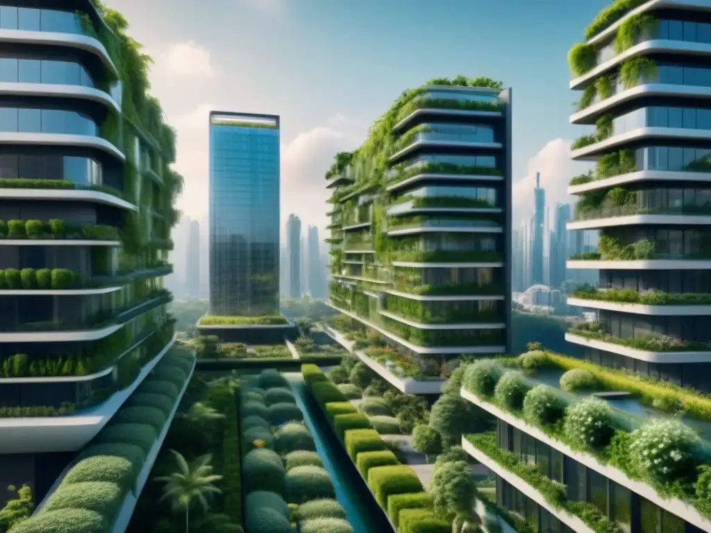 Metrópolis sostenible: armonía entre ciudad y naturaleza Futurista ciudad sostenible con edificios verdes, jardines verticales, energías renovables y transporte ecológico