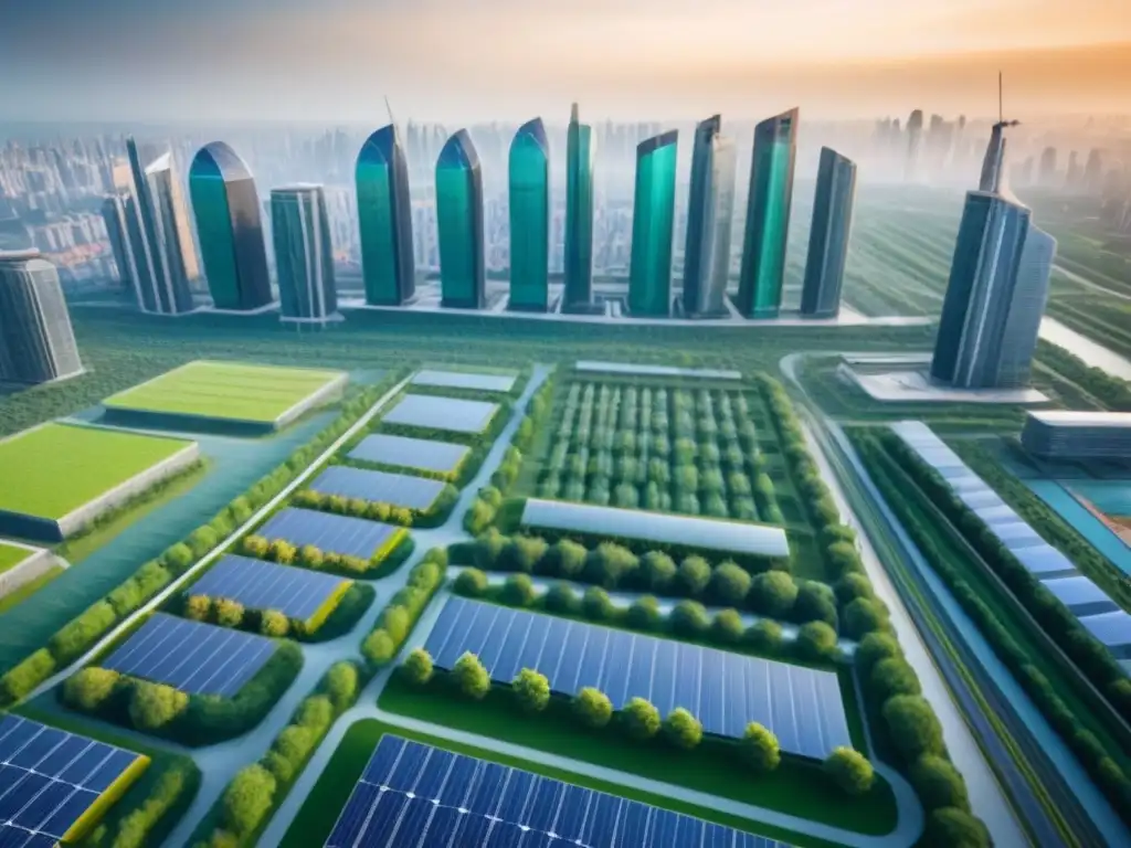 Skyline futurista: armonía entre ciudad y ambiente Futurista ciudad sostenible con rascacielos, paneles solares y turbinas eólicas