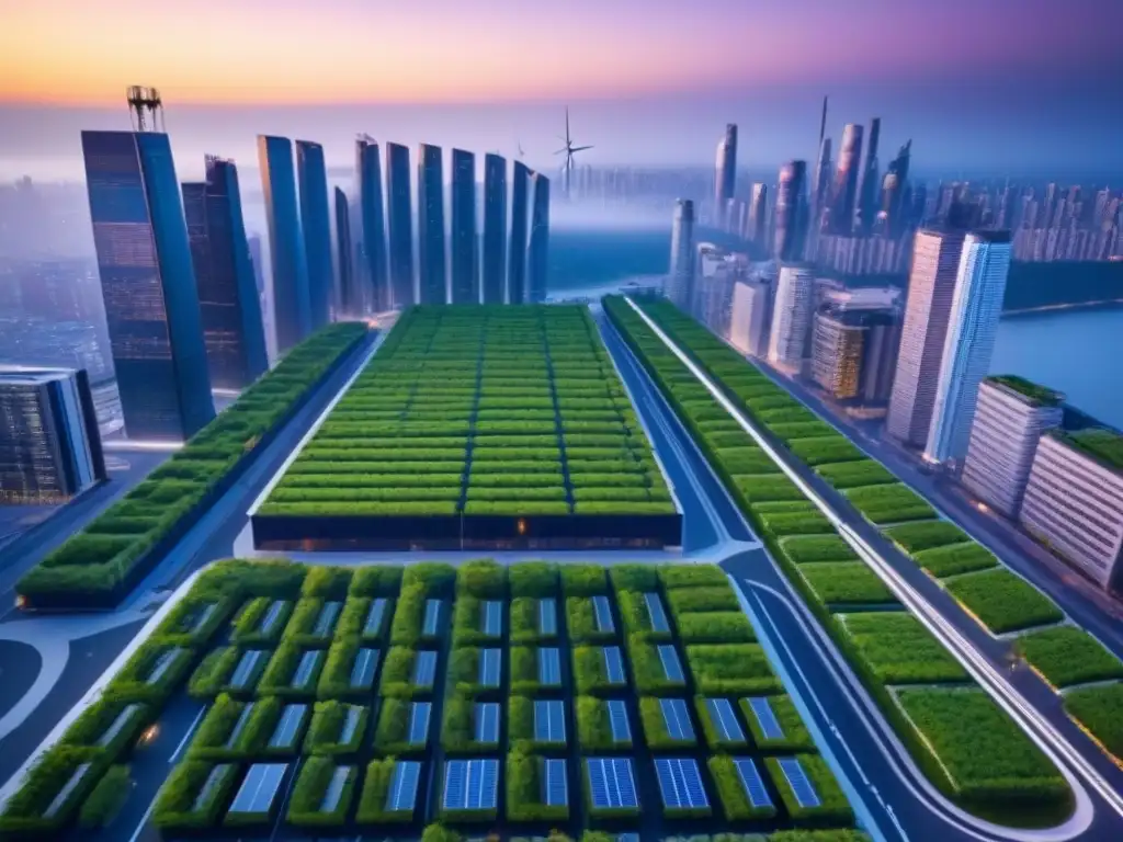Metrópolis futurista ecoamigable al atardecer Futurista ciudad sostenible al anochecer, con rascacielos verdes y autos eléctricos