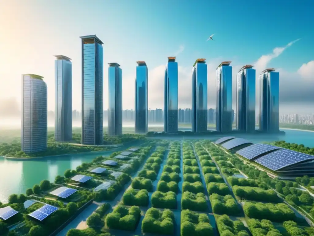 Metrópolis futurista: rascacielos sustentables en armonía con la naturaleza Futurista ciudad sostenible, con rascacielos verdes y energía renovable