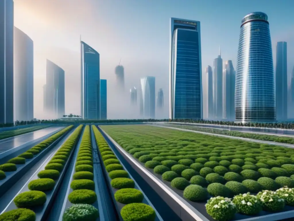 Metrópolis futurista eco-sostenible: rascacielos y tecnología verde Futurista ciudad sostenible con rascacielos verdes y vehículos eléctricos