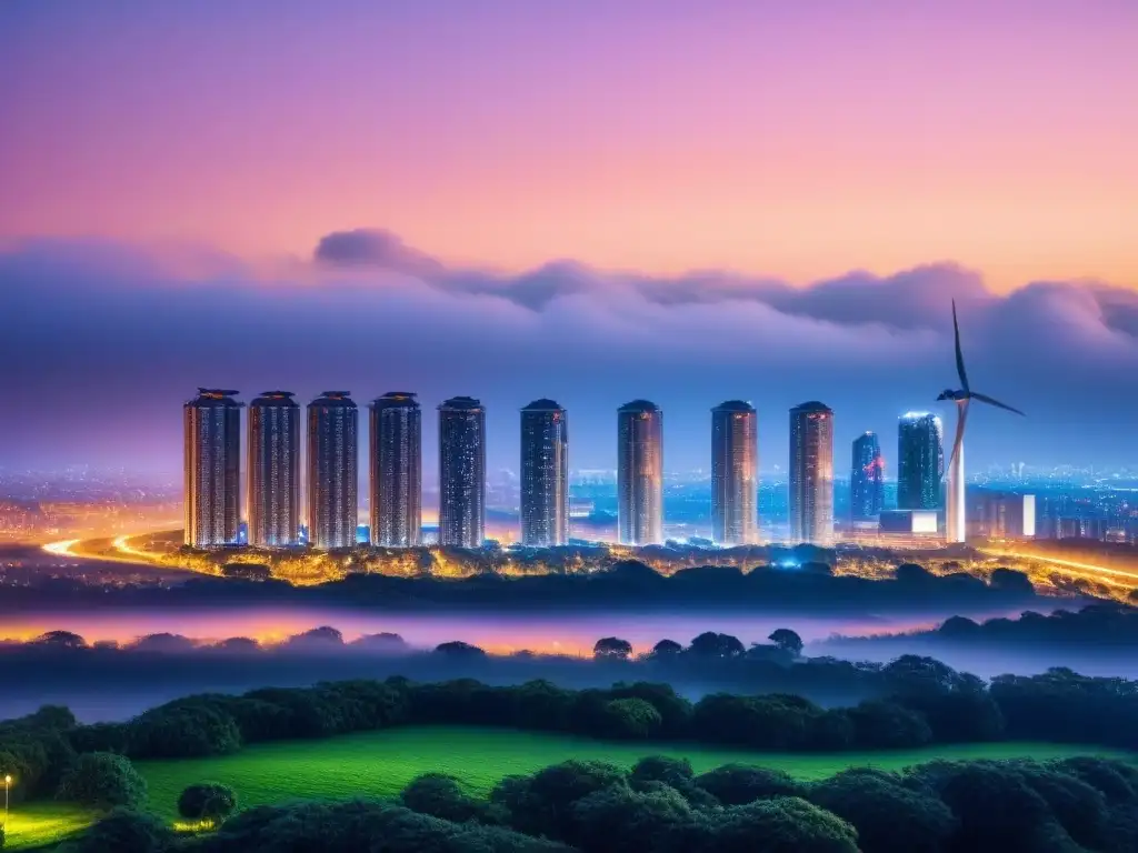 Metrópolis futurista eco-sostenible al atardecer Futurista ciudad sostenible al anochecer con rascacielos verdes e iluminación eficiente